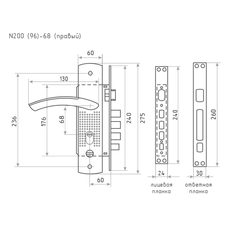 Схема Замок врезной для китайских дверей 200(96) (правый) цвет Матовый никель Нора-М